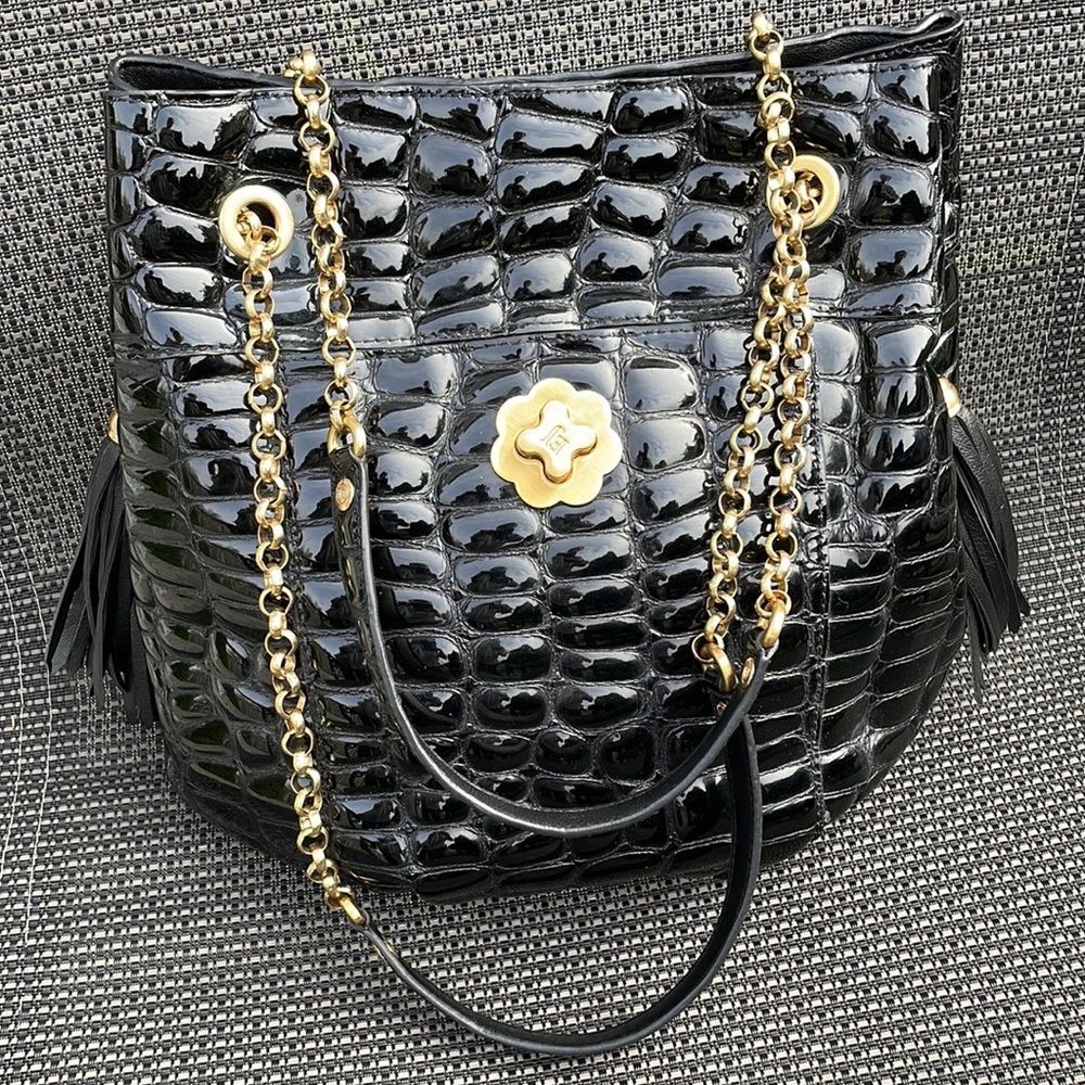 NWOT Eric Javits black quilted patent genuine leather tote bag